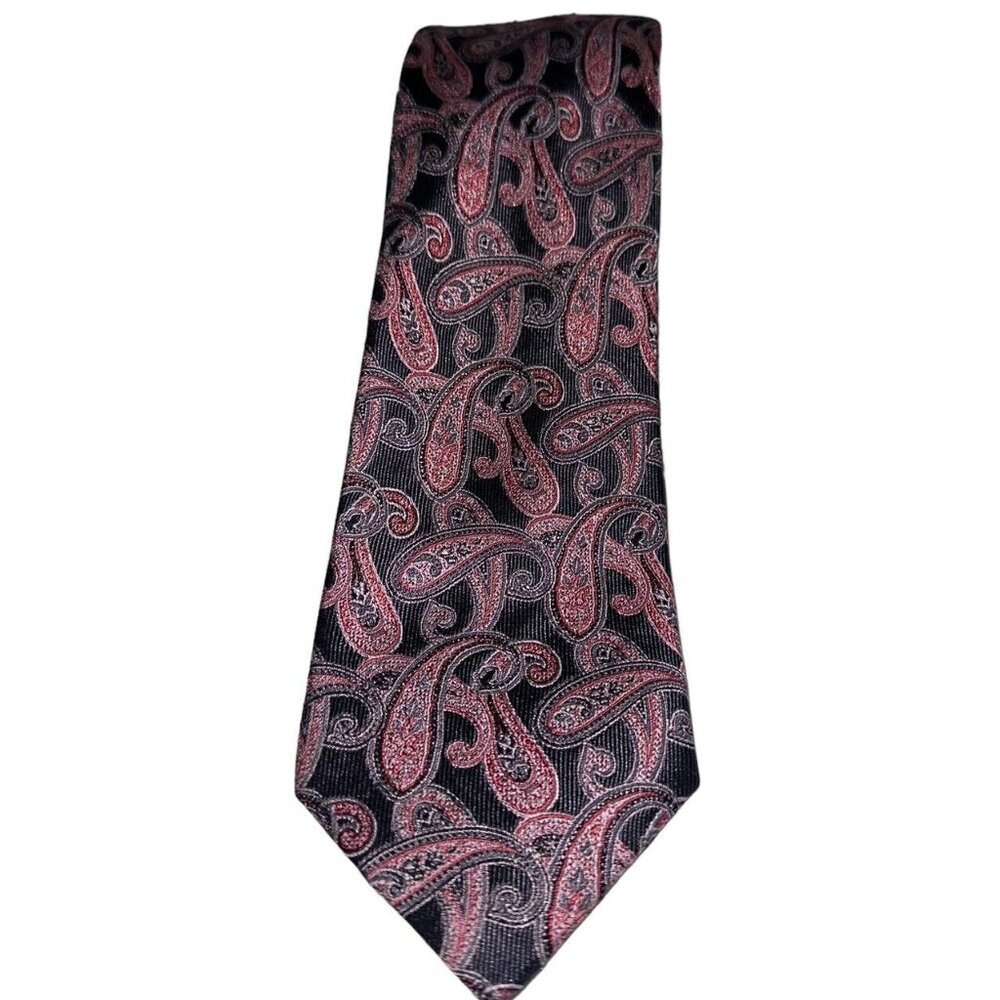True Forum Mens 100% Silk Handmade Tie Gray Pink Paisley